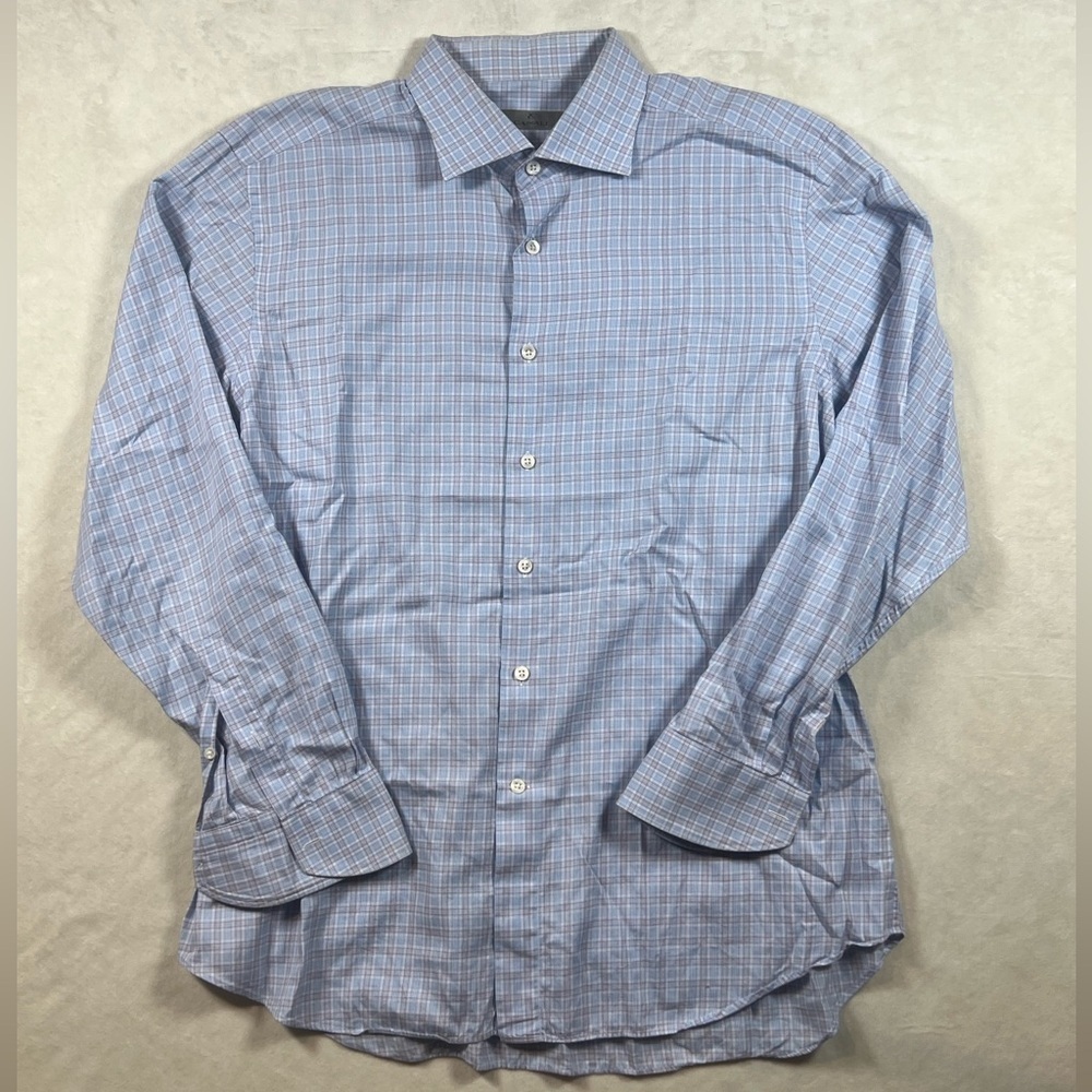 Canali 17.5-44 Navy Plaid Crosscheck Spread Collar Made in Italy Dress Shirt
